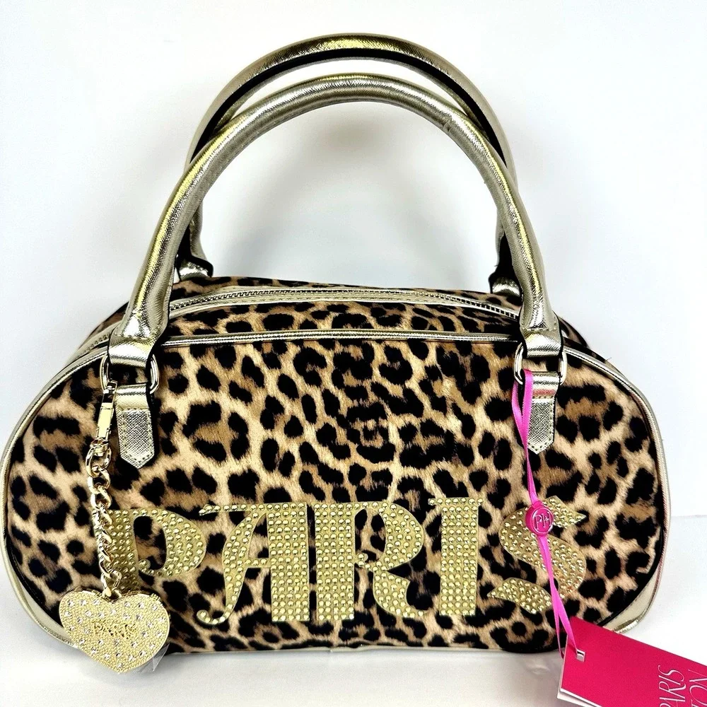 Paris Hilton Leopard Bowler Bag Rhinestone Logo Gold Heart Charm‎ Y2K